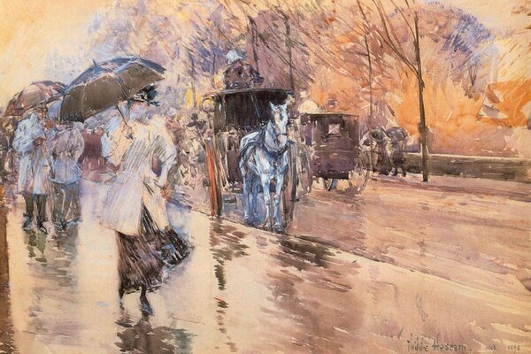 People in the rain, impressionism painting