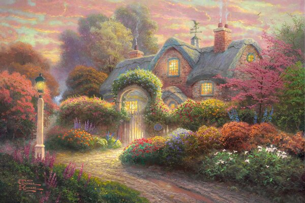 Märchenhaftes Haus in Blumen ertränkt