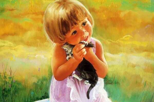 A girl with a kitten in the grass, painting