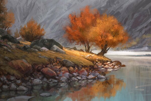 Autumn tree on the river bank