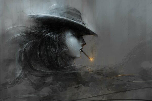 Ein ungewöhnliches Mädchen mit einem Hut und einer Zigarre