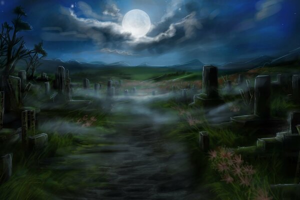 Mysterious cemetery in the moonlight