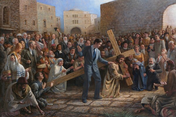 Jezus z krzyżem na tle obserwujących ludzi
