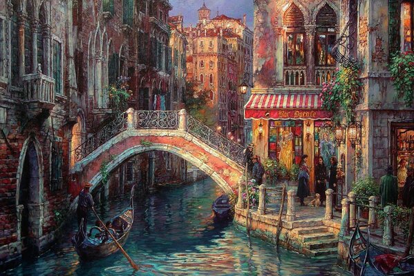 Pittura A Olio case veneziane e Gondola