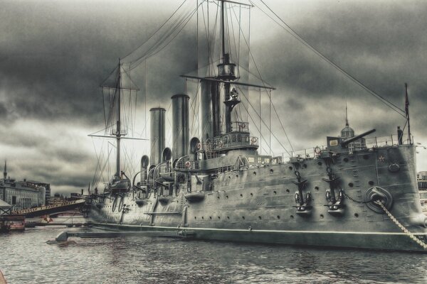 Armored cruiser Aurora on the river