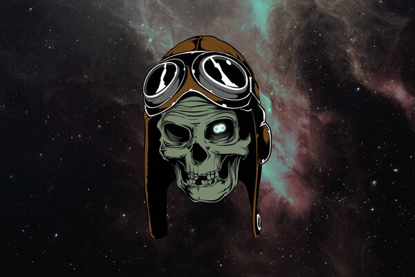 A space skull with glasses on a background of stars