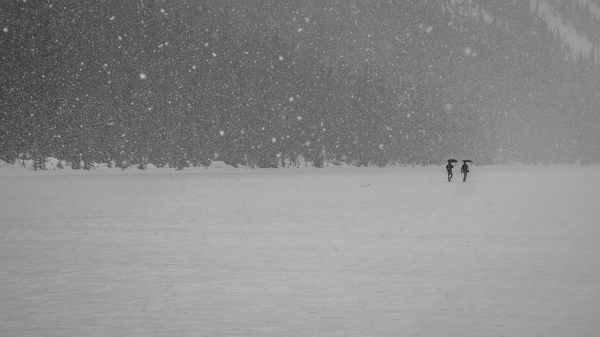 personas caminar lago congelado invierno nieve paraguas montañas