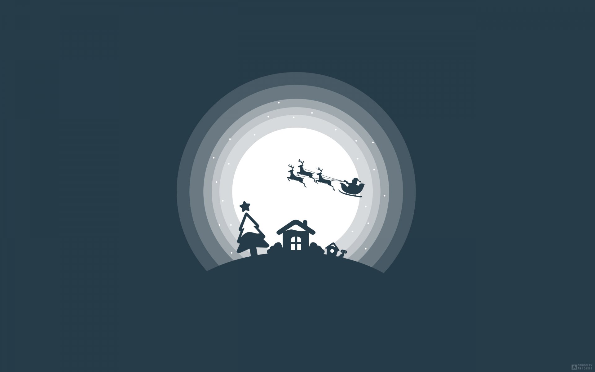 nuovo anno notte luna luce stelle silhouette volo babbo natale babbo natale renne slitta neve decorazione casa casa finestra cespugli aiuola piante cabina cane seduta animali fiocchi di neve umore cambiamento artistico design