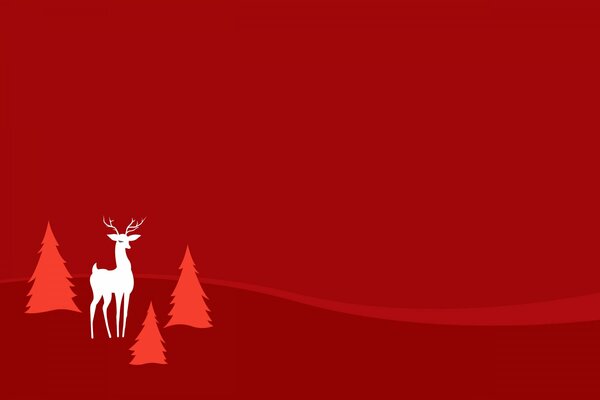 Deer between fir trees on a red background