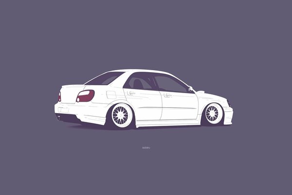 A white car on a purple background