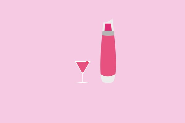 Fond rose et sur elle un verre et un thermos