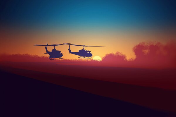 On the background the sun is setting the sky is colored and helicopters are flying