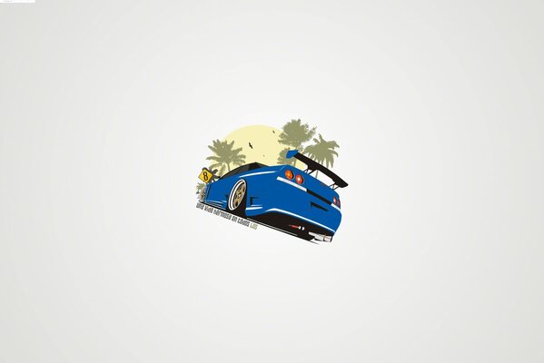 Спортивный синий car nissan под палящим солнцем и пальмами