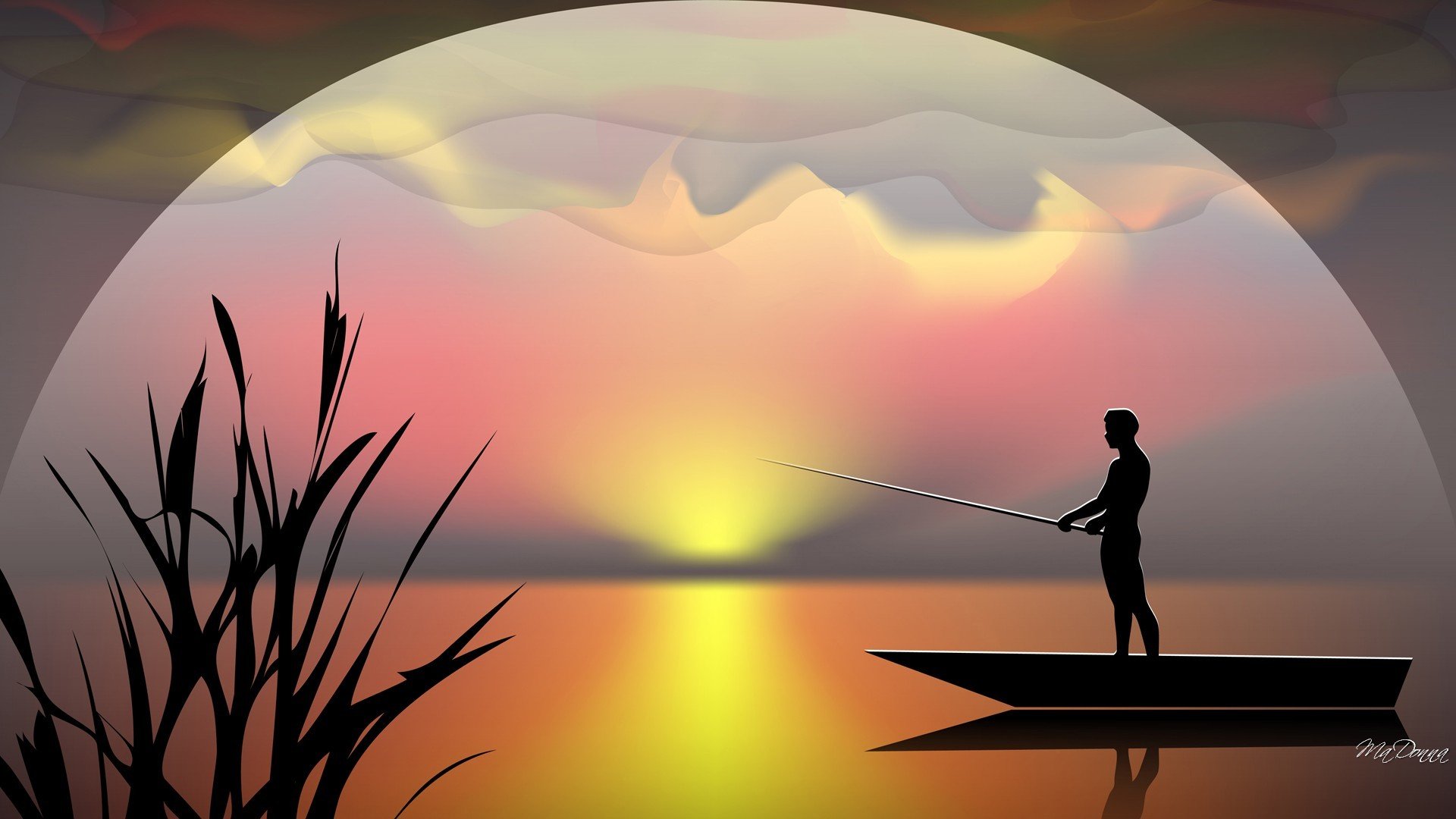 vector silhouette a fisherman fishing rods boat sunset