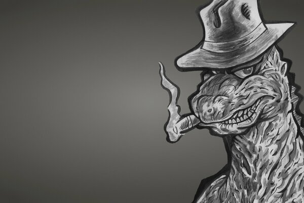 Ганстер динозавра в шляпе курит сигару