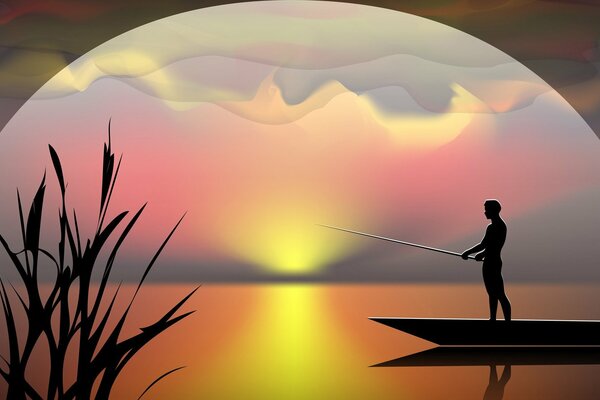 Silhouette d un pêcheur avec une canne à pêche