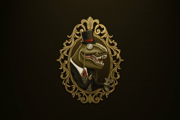 Portrait encadré d un dinosaure portant un monocle et un chapeau