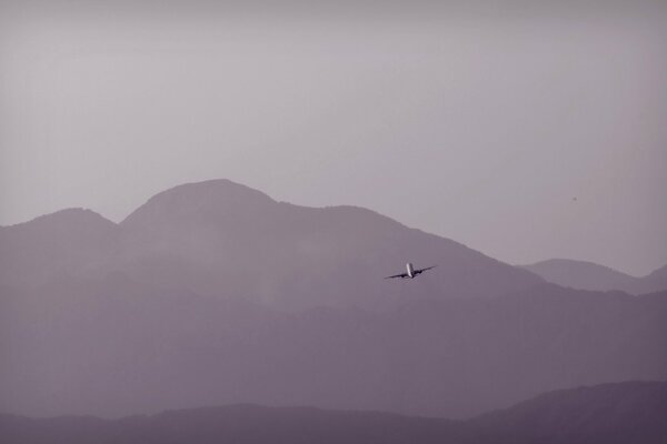 Flugzeug fliegt vor dem Hintergrund der Berge