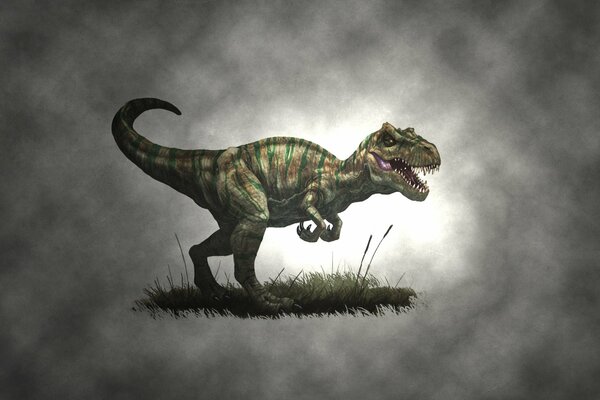 Dinosaure sur l herbe dans le brouillard gris