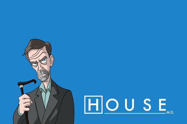 Gezeichnet von Hugh Laurie auf dem Hintergrund der Inschrift HOUSE