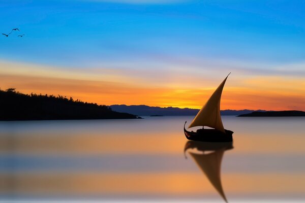 Boat on the background of a fiery sunset