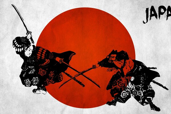 Pegatina de pared japonesa: Samurai sobre fondo blanco y rojo