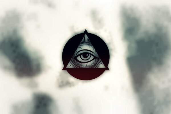 An all-seeing eye on a black and red circle on a spotted background