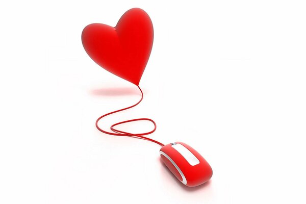 Image, une souris d ordinateur rouge, dont le câble mène au coeur rouge