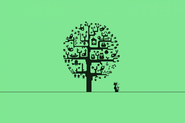 Minimalismus Katze in der Nähe von Baum auf grünem Hintergrund