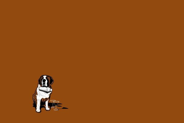 On a brown background, a St. Bernard and two glasses