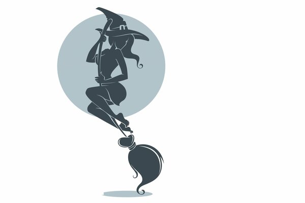 Drawing of a witch on a broom in a hat