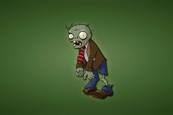 Zombies aus dem Spiel plants vs. zombies auf grünem Hintergrund. Zombie mit roter Krawatte in zerrissener Kleidung