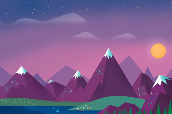 Vector landscape (mountains, meadow, lake). Purple sunset