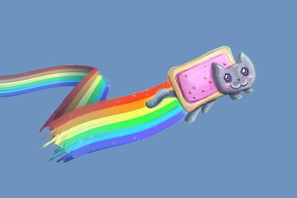 Nyan Kat is flying on a rainbow