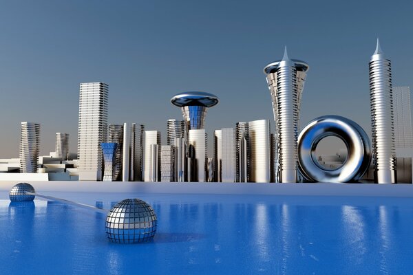 3D Panoramablick auf die futuristische Stadt aus Metall
