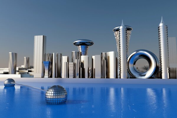 3D panoramic view of metal futuristic city