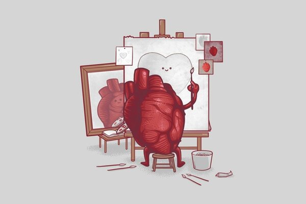 An artist in the form of a heart draws on canvas