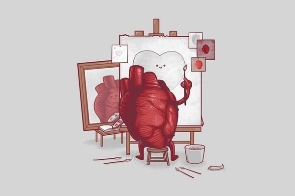 Художник в виде сердца рисует на холсте