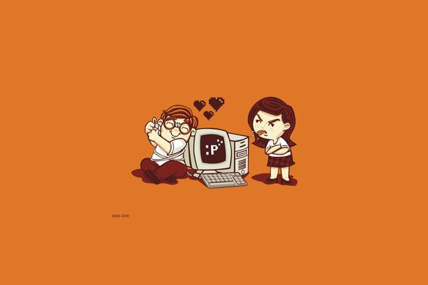 Love between a guy and a girl on a computer background