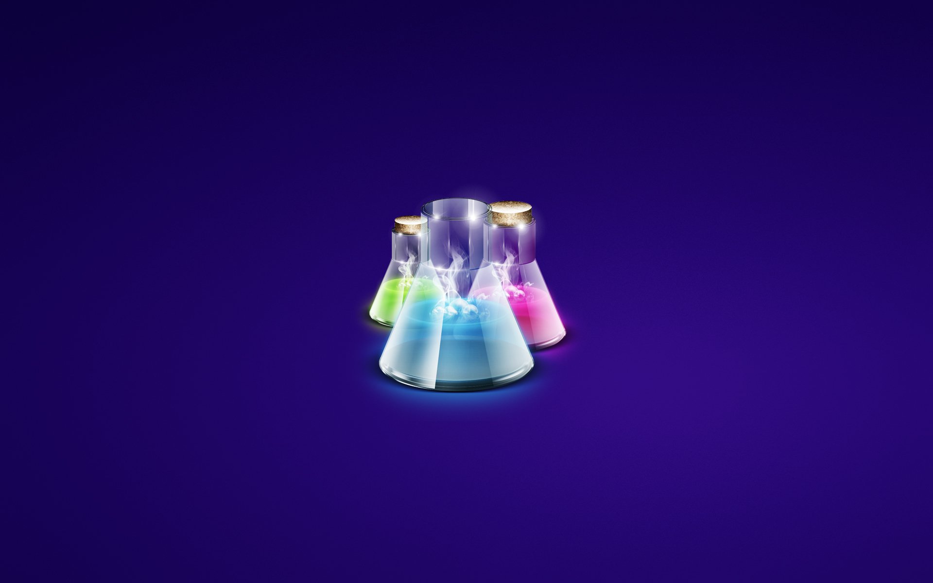 laboratoire flacons chimie fond sombre violet bleuâtre verre trois vert rouge bouchons chimique bulles fumée potion vaisselle minimalisme bouteilles