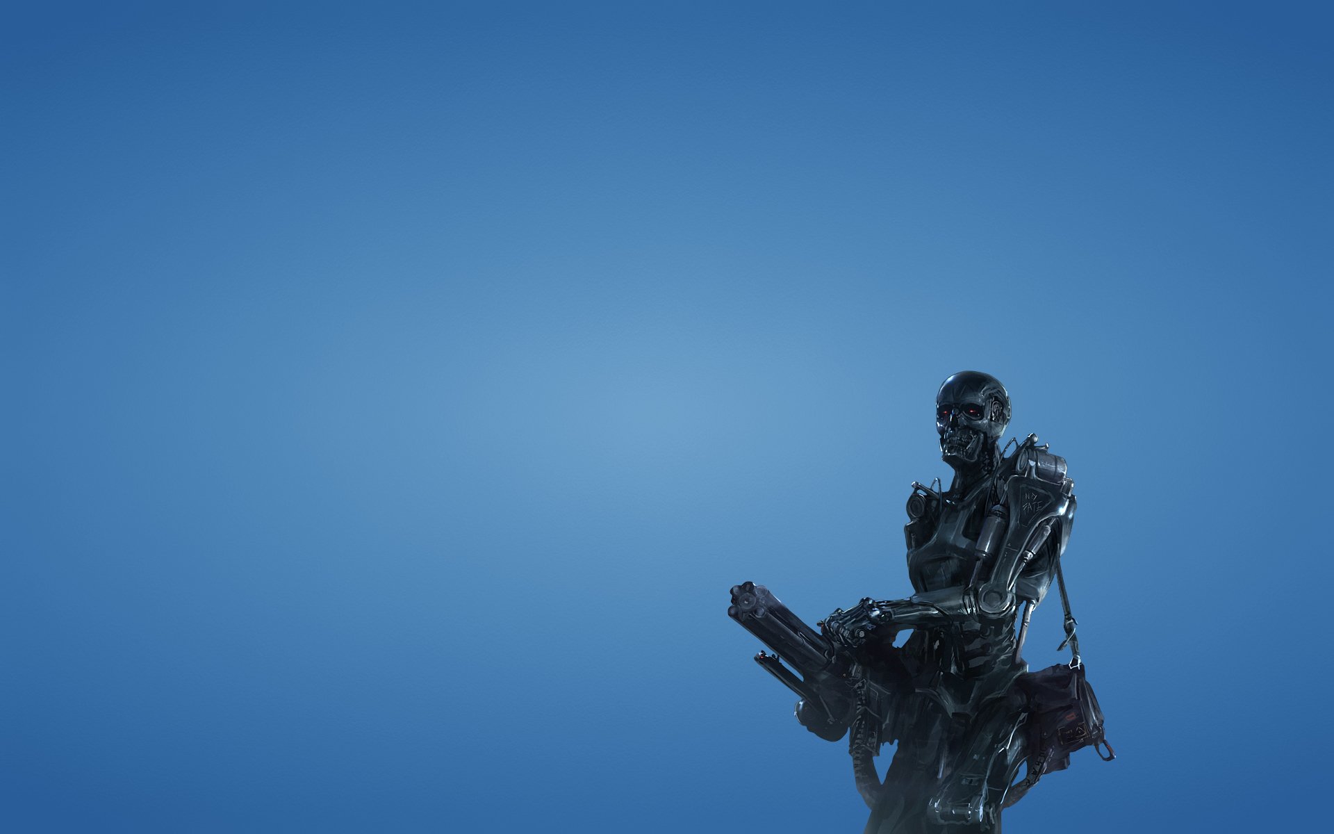 terminator robots blue background weapon skeleton red eyes minimalism