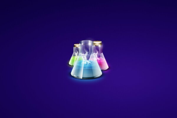 Green, blue and pink laboratory flasks on a dark blue background