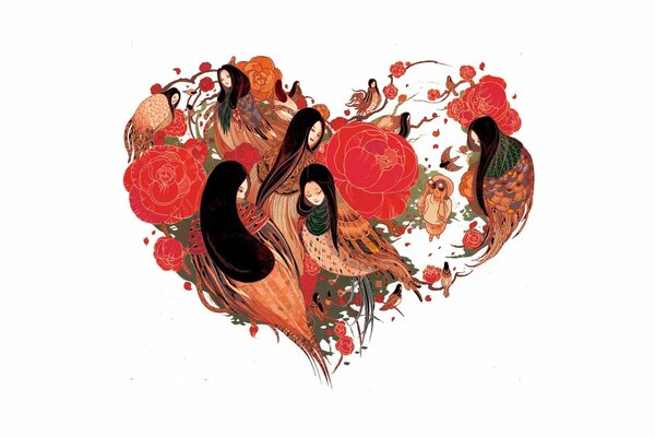 Female birds and heart-shaped flowers in Japanese style