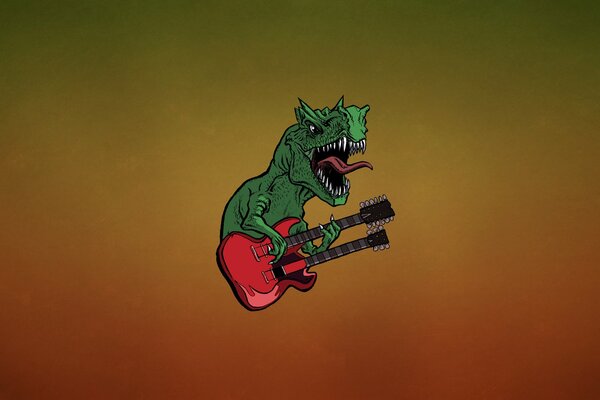 Dinosaurio verde con guitarra roja