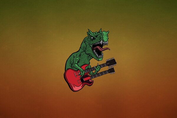 Zielony dinozaur z czerwoną gitarą
