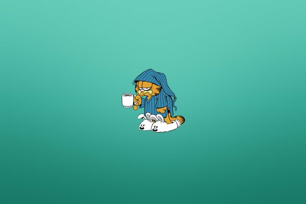 Garfield por la mañana en un peludo tapas con una taza