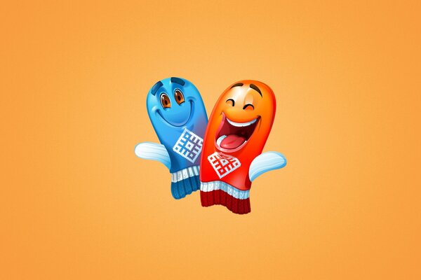 Red and blue mittens smile on an orange background