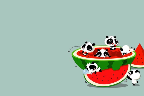 Anime. Lustige Pandas mit Wassermelone