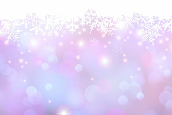 Copos de nieve y manchas brillantes en un fondo lila