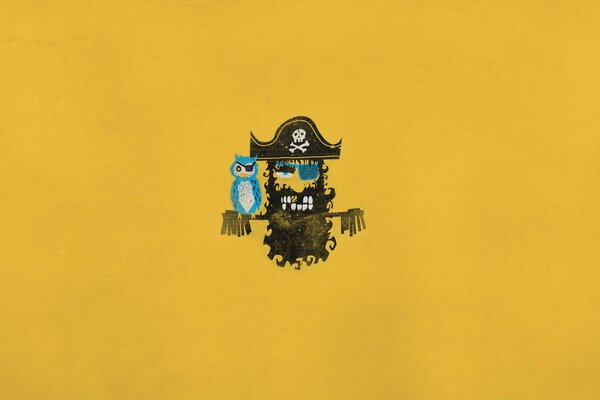 Image of a pirate with an owl on a yellow background